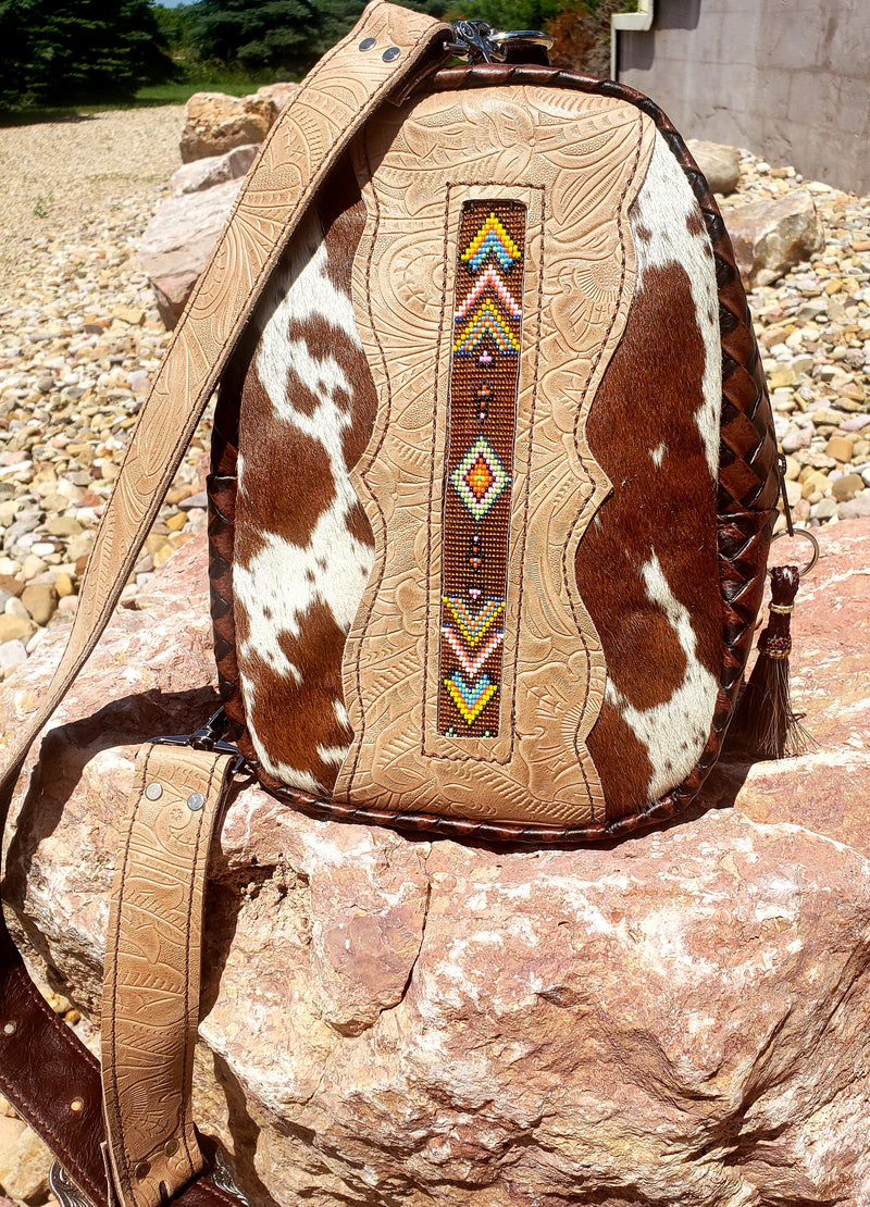 Chocolate Floral Cowhide Handbeaded Design Sling Bag