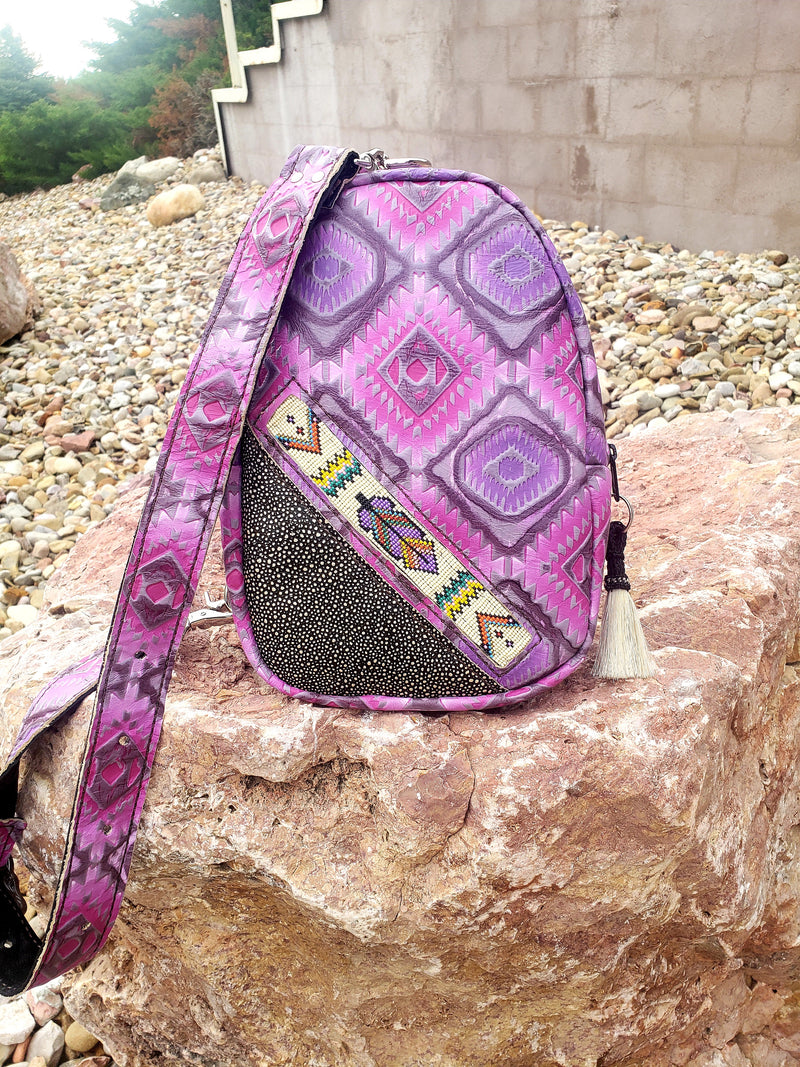 Purple Feather Aztec Handbeaded Design Sling Bag