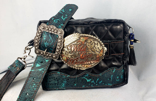 Compact Black and Teal Interchangeable Trophy Buckle Crossbody Bag