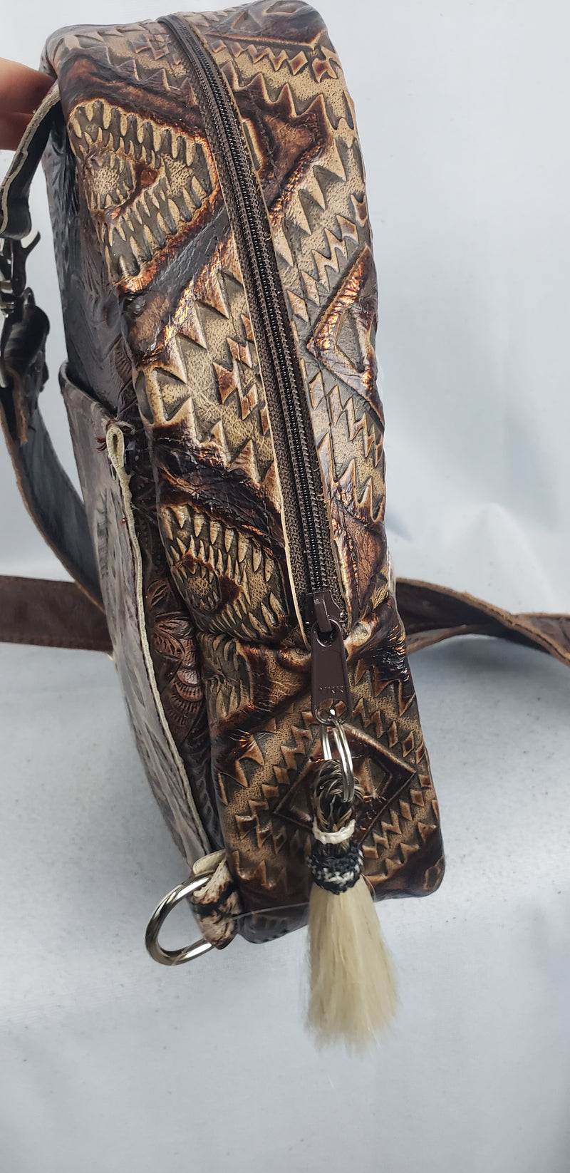 Speckled Cowhide Aztec Feather Sling Bag