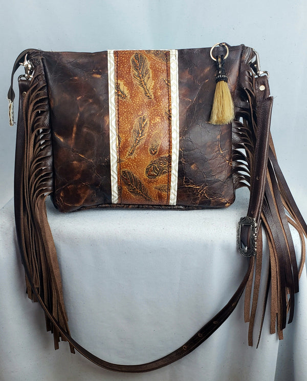 Up-Cycled Designer Deer Hide Tooled Fringe Tote