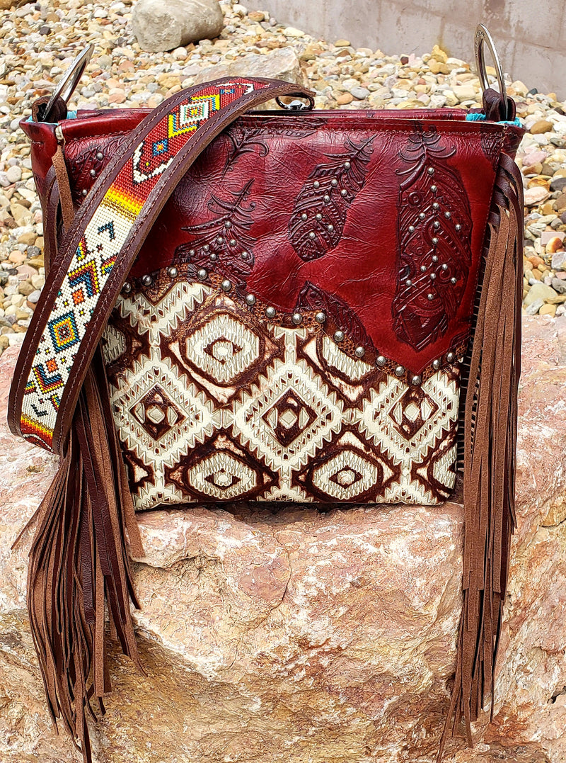 Red Feather Handbeaded Shoulder Bag