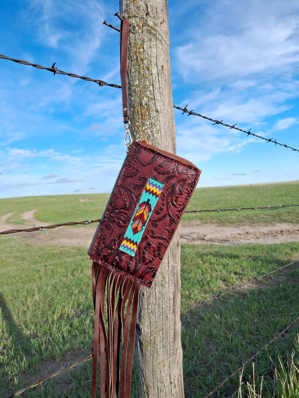 Red and Turquoise Handbeaded Feather Mega-wallet wristlet