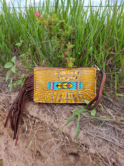 Handbeaded Feather Mustard and Turquoise Mega-wallet wristlet