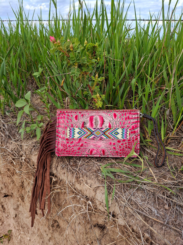 Pink Handbeaded Diamond Mega-wallet wristlet