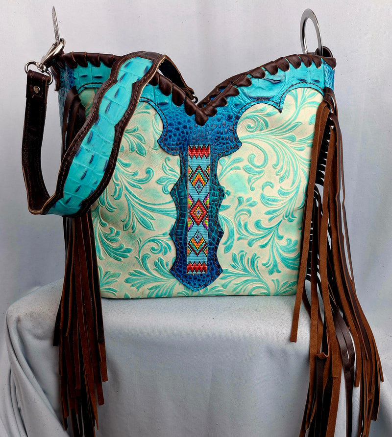 Blue Ocean Swirl Sweetheart Handbeaded Shoulder Bag