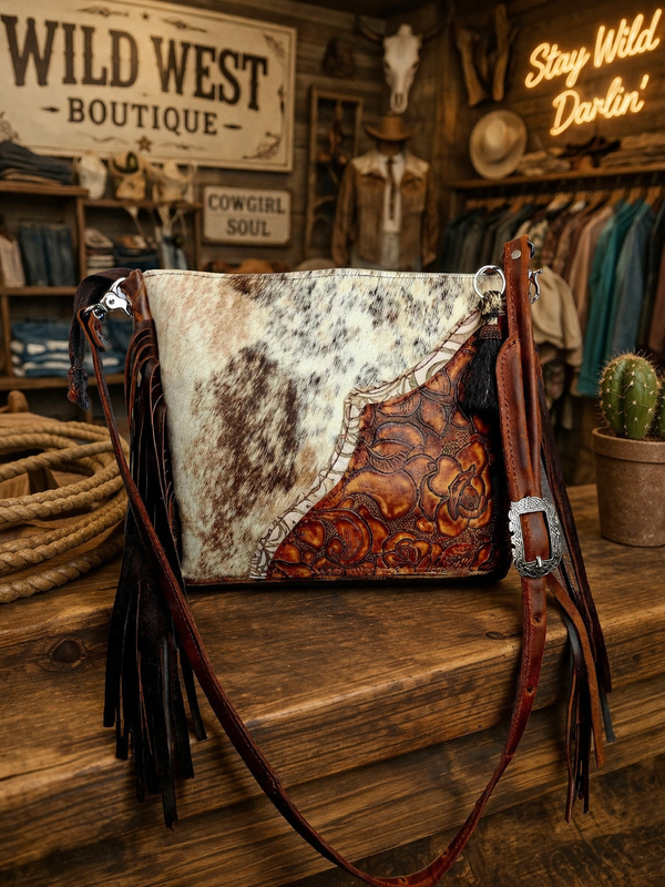 バッグ leather west porch bag WG169-9112 Wrangler Genuine Hair-On Cowhide Floral Tooled