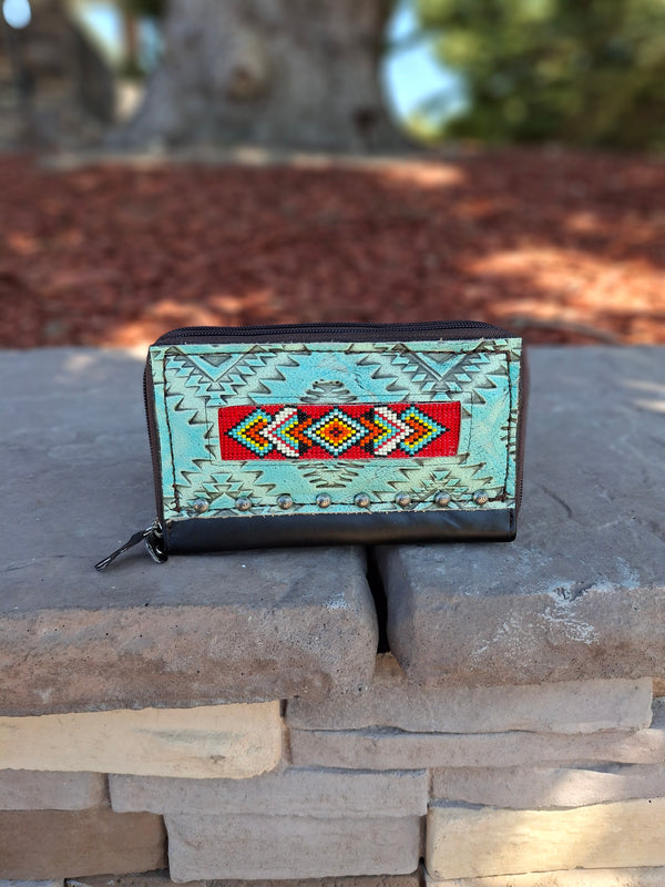 Red Beaded Aztec Organizer Wallet: Ready to Ship