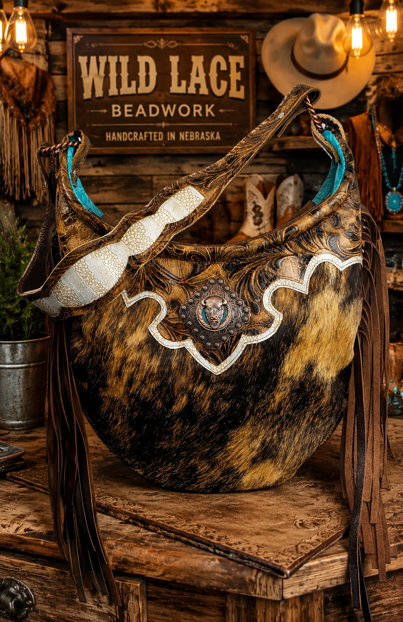 Exotic Buffalo Cowhide Hobo Shoulder Bag – Wild Lace Beadwork