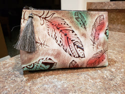 Turquoise and Red Feather Freestanding Cosmetic Bag
