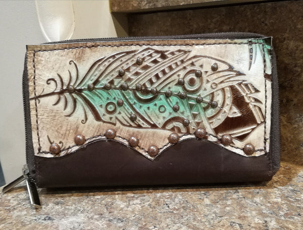Preorder Turquoise Feather Organizer Wallet. Ships in one week.
