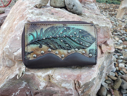 Preorder Sepia Turquoise Feather Organizer Wallet. Ships in one week.