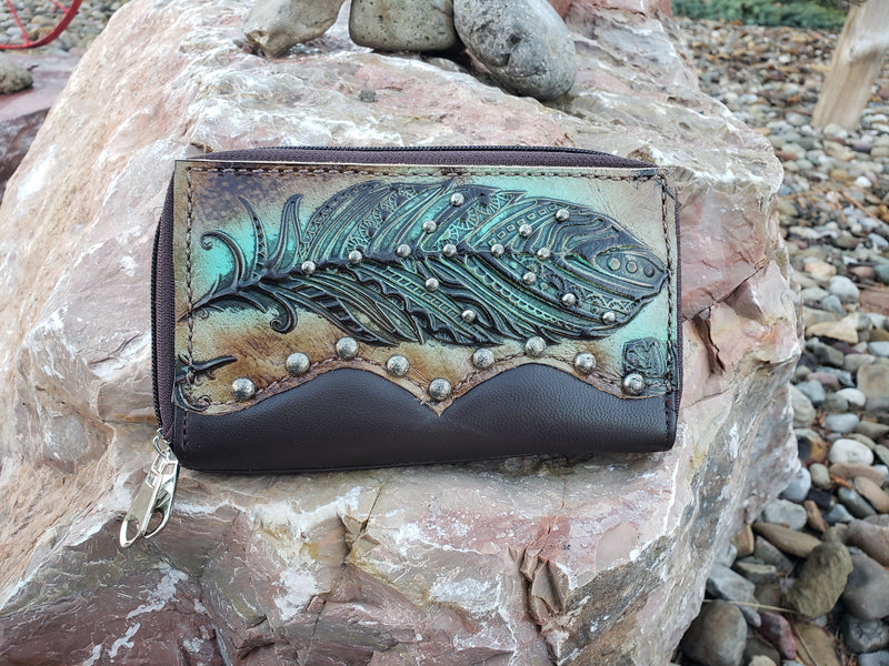 Preorder Sepia Turquoise Feather Organizer Wallet. Ships in one week.