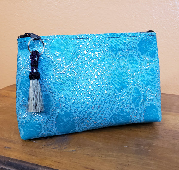 Turquoise and Silver Python Freestanding Cosmetic Bag